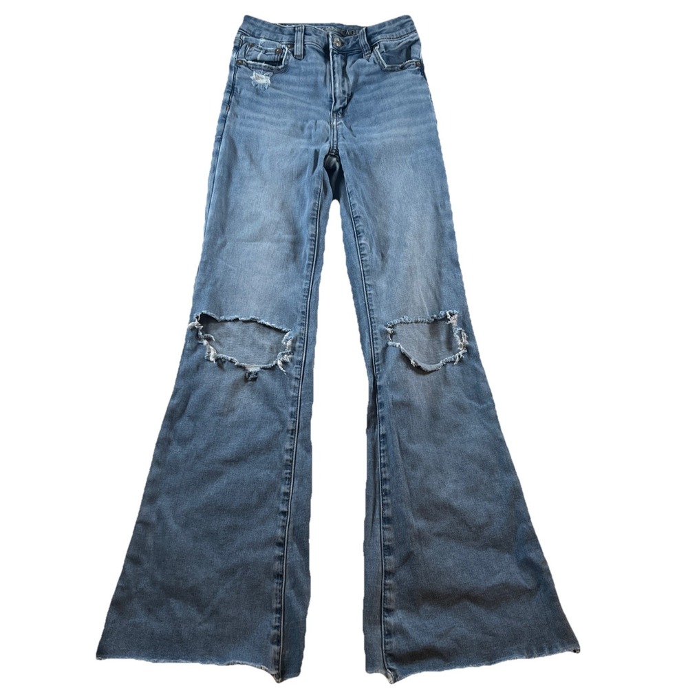 American Eagle Jeans‎ Womens 00  Super High Rise Flare Stretch Distressed Denim